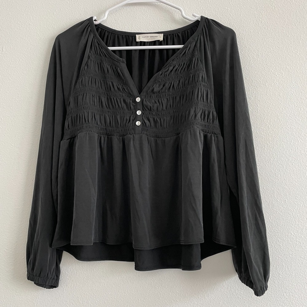 Lucky Brand Henley Blouse  Women S Smocked‎ Long Sleeve Casual Boho Lounge